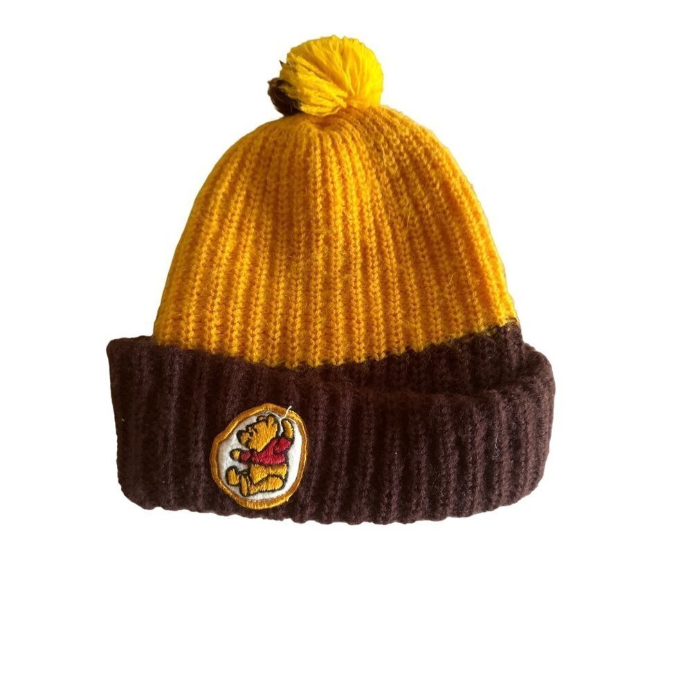 Disney Beanie Yellow Brown Winnie the Pooh Pom-Pom Ribbed Knit Embroidered Hat